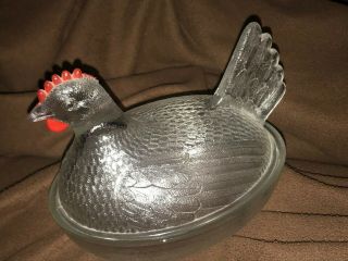 Indiana Clear Glass Hen On Nest Vintage Red Comb Wattles Covered Dish Chicken