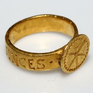 Extremely Rare - Late Roman Early Byzantine Gold Ring With Inscriptions Around & C