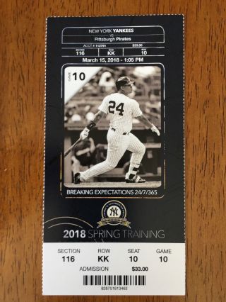 Ticket Stub From 2018 York Yankees Vs Pittsburgh Pirates Spring Training