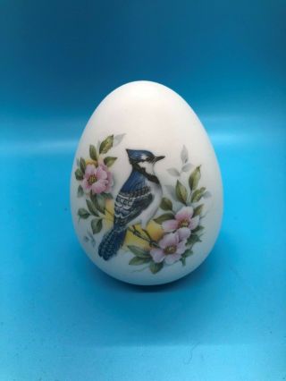 Vintage 3.  5 Ceramic Egg Blue Jays Birds On A Branch With Flowers