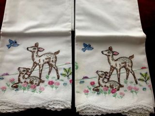 Pair Vintage Hand Embroidered Pillow Cases With Crochet Trim Deer And Blue Bird