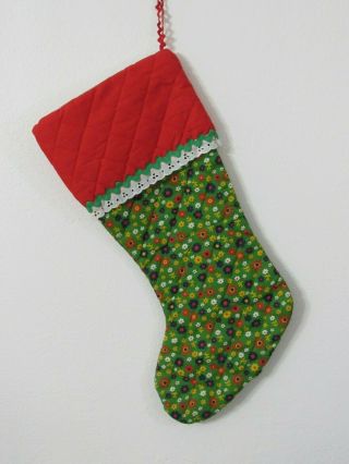 Quilted Christmas Stocking Vintage 1970s Country Calico Rick Rack & Eyelet Trim