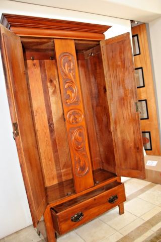 Antique Armoire Wardrobe Closet Mirrored Beveled Doors Bottom Drawer Carved Wood 3