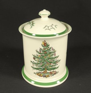 Vtg Spode Christmas Tree Cookie Jar W/ Lid No Seal - England - Green Trim
