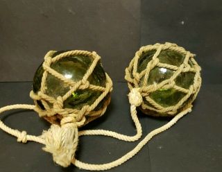 Vintage Japanese Glass Fishing Balls Olive Green Floats Buoy Nets