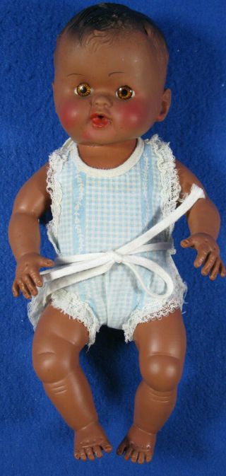 Vintage African American Baby Doll Plastic Molded Black Hair Golden Brown Eyes