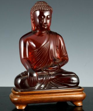 Fine Quality Old Chinese Cherry Amber Desgn Sitting Buddha Figure Hardwood Stand
