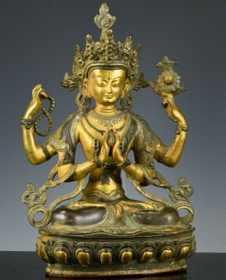 Old Chinese Tibetan Gold Gilt Bronze Meditating Praying Buddha Figure