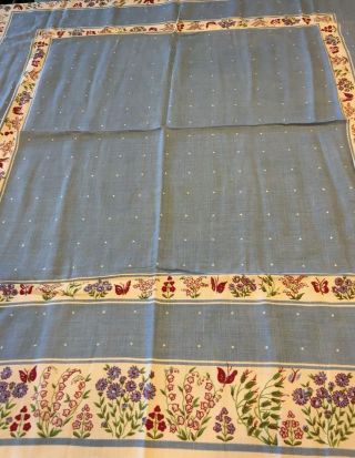 Vintage 1940s/1950s Blue/floral Cotton Tablecloth 48 X 49