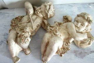 2 Vintage Antique Cherub Angels Plaster Sculptures Playing Violin Lyre French Ro