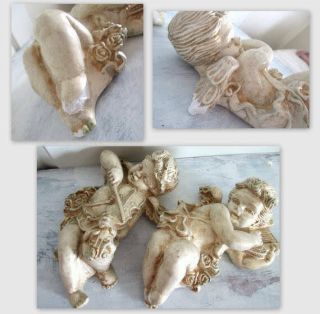 2 Vintage Antique Cherub Angels Plaster sculptures Playing Violin Lyre French Ro 2