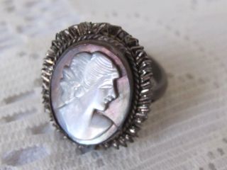 G11 Antique Estate Carved Cameo Mother Of Pearl Ring 800 Silver Size 6 1/2