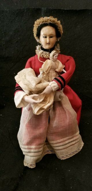 Antique Vichy Automaton Nanny Mother & Baby Doll Composition Wood Bisque Wind - Up