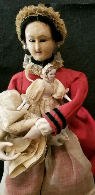 ANTIQUE VICHY AUTOMATON NANNY MOTHER & BABY DOLL COMPOSITION WOOD BISQUE WIND - UP 2
