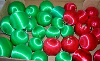 30 Vintage Christmas Balls Green And Red Satin Silk Ornaments 3 Sizes