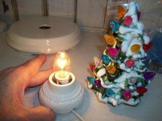Snowy Flocked Ceramic Xmas Tree Light Vtg Inspired Toy Size For Doll House