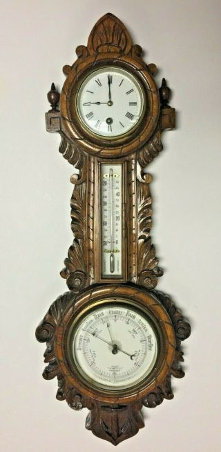 Antique English Carved Wooden Wall Barometer/thermometer/clock W Key