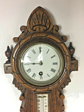 Antique English Carved Wooden Wall Barometer/Thermometer/Clock w Key 2