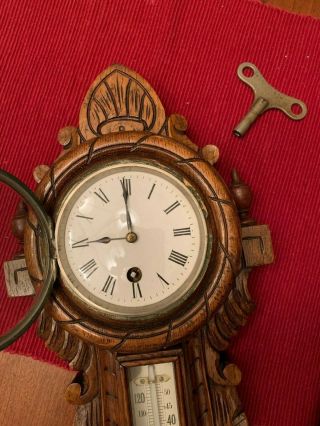 Antique English Carved Wooden Wall Barometer/Thermometer/Clock w Key 3