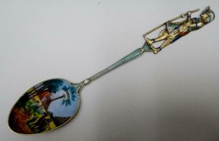 Vintage 800 Silver And Enamel Souvenir Spoon Of Egypt,  Figural Handle,  Pyramids