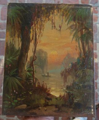 Antique J.  S.  Dickinson Oil Painting,  O/c - Bayou Landscape,  Tropical Swamp South