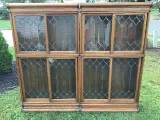 Pair Antique Oak Danner Lawyer’s Stacking Barrister’s Bookcases Leaded Glass