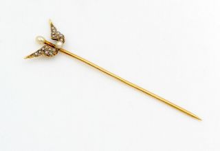 Antique 14k Solid Gold Art Nouveau Style Pearl Wing Hat Pin 7121 - 6