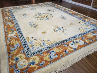 9 ' X 12 ' Vintage CHINESE Design Hand Made Wool Rug Ivory Beige Rusted Red Birds 2