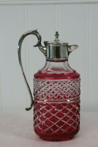 Antique Cut Crystal Claret Jug With Silver Lid And Handle