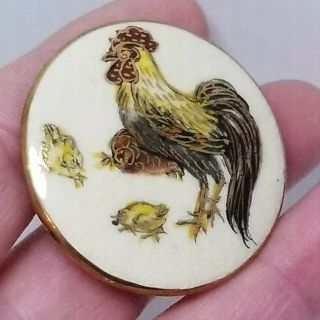 Large 1&5/8 " Satsuma Button,  Rooster,  Chicks,  Hand Painted Signed,  Vintage Japan