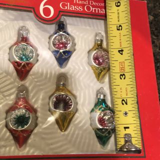 Vintage Indent Holiday Time Hand Crafted 6 Glass Glitter Christmas Ornaments 2”