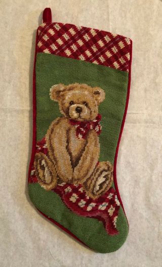 Vintage Needlepoint Christmas Stocking Teddy Bear Green & Red 17” Long