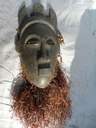 Antique African Tribal Kuba Mask With Grass Beard And Head Net
