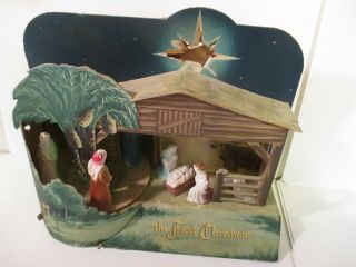 Vintage Clemco The First Christmas Cardboard Chalkware Nativity Music Box Decora