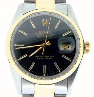 Rolex Datejust Mens 2tone 18k Gold & Stainless Steel Oyster W/ Black Dial 16013