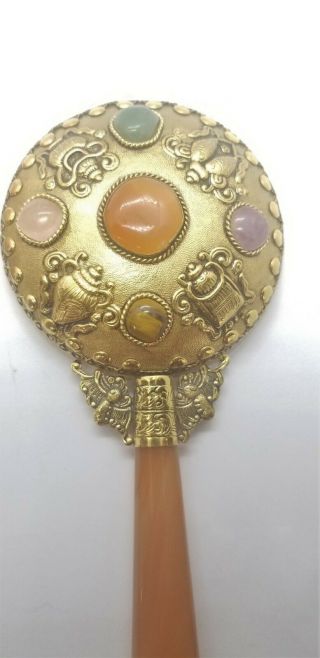 Vintage Chinese Engraved Brass Bats Hand Mirror Real Gem Stones Agate Handle
