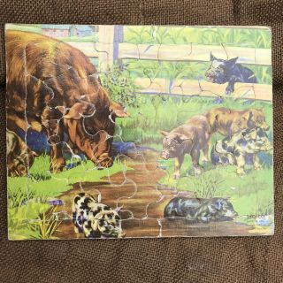 Vintage 1947 Sifo Tray Inlay Puzzle Cardboard Mcloughlin Bros Hogs Pigs Animals