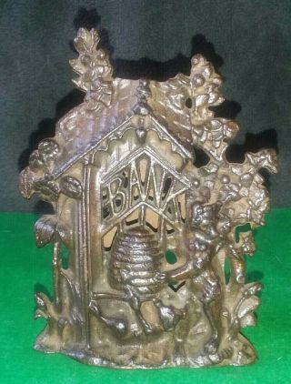 Vintage Cast Iron Still Coin Penny Bank With Cottage Bears & Honey Bee Hive