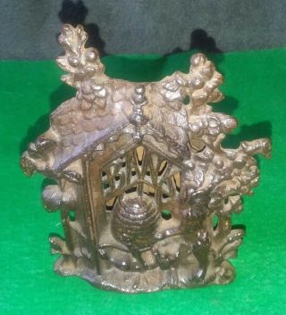 Vintage Cast Iron Still Coin Penny Bank with Cottage Bears & Honey Bee Hive 2
