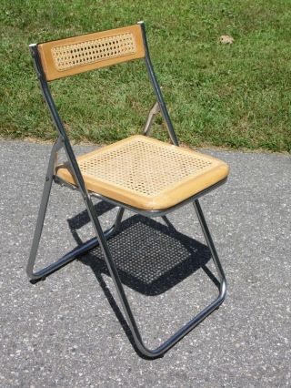Vintage Mid Century Modern Chrome & Cane Folding Chair