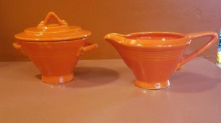 Sugar Creamer Set Bright Orange Ceramic Mid Century Vintage Pair