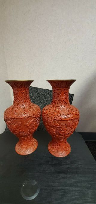 Rare Antique 19th Century Chinese Red Cinnabar Lacquer Vases 15 " High