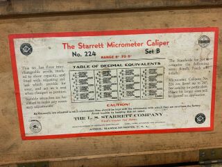 Vintage Starrett Micrometer Caliper No.  224 Set B 6 " To 9 " In Wood Box