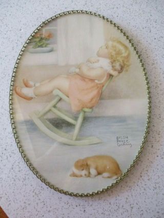Vintage Bessie Pease Gutmann Art Print,  Little Girl & Doll,  A,  Brass Chain Frame