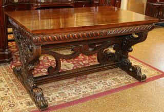 Best Quality Horner Attributed Carved Walnut Library Table Partners Desk Drawers