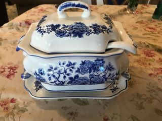 Vintage Blue & White China Soup Tureen Under Plate & Ladle Japan (g)