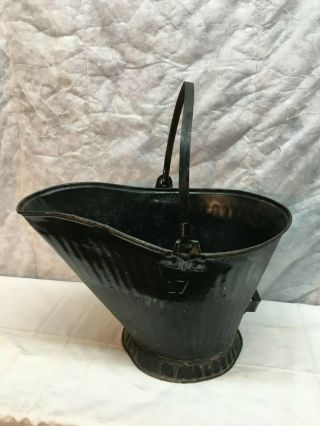 Vintage 17 " Black Metal Coal Ash Bucket Pail Scuttle Primitive Fireplace Stove