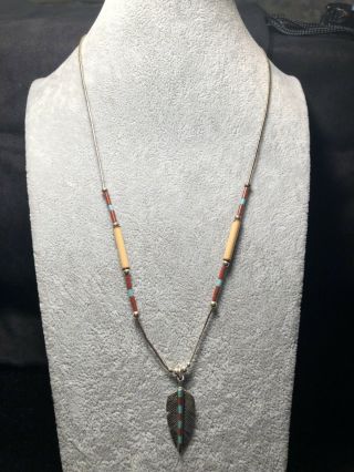Vintage Native American Hand Crafted Mens Sterling And Beaded Necklace
