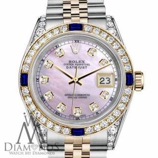 Rolex Ss & Gold 26mm Datejust Watch Pink Mop Dial With Sapphire & Diamond Bezel