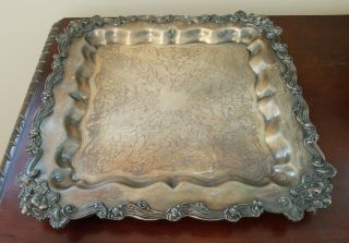 Vintage Ornate Floral Design Silver Over Copper Footed Tray Heavy Duty